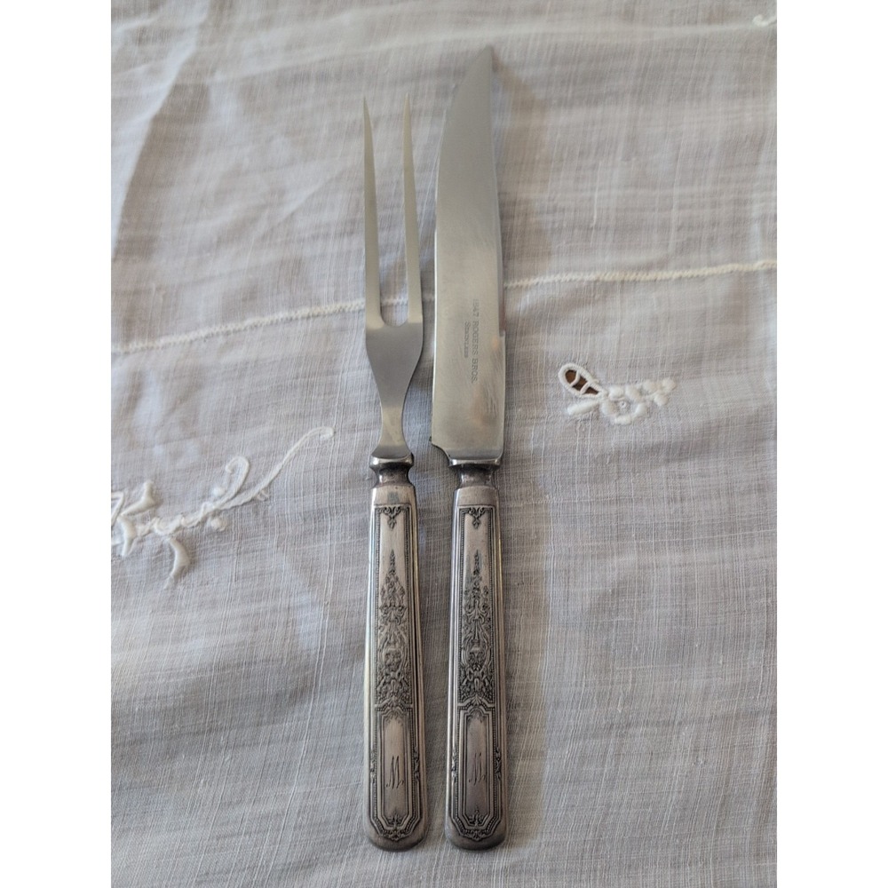 1847 Rogers Bros Ancestral Flatware Silverware Set Carving Knife & Fork W/M Mono